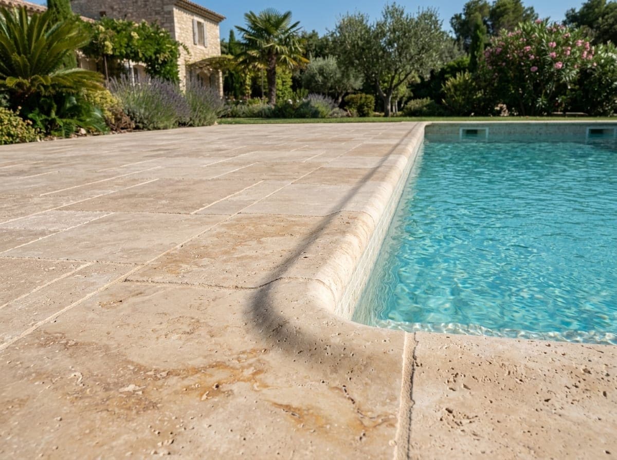 Zwembad met beige Classic Blend travertin randstukken en Frans verband terras