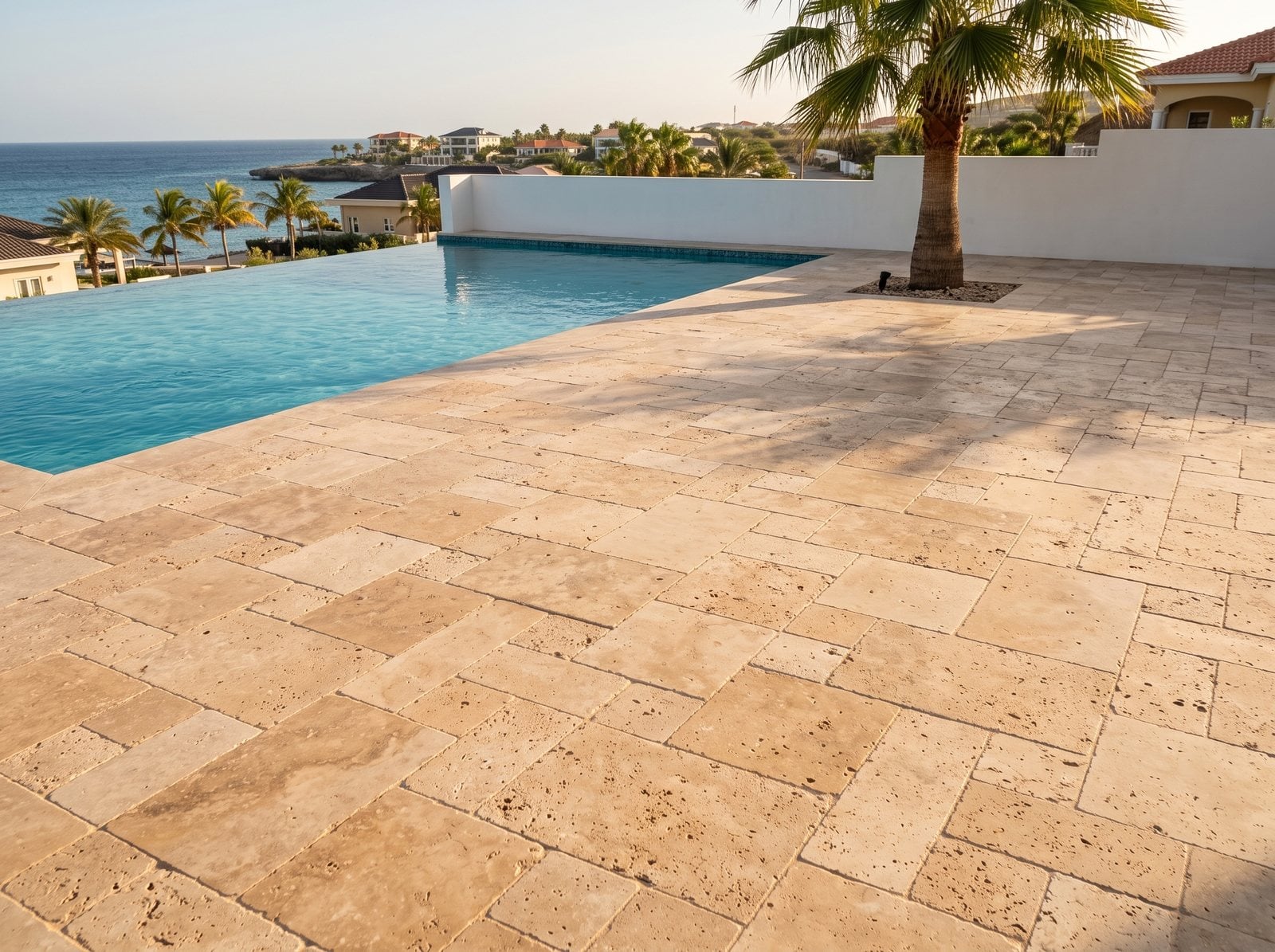 Terras aan zee met Classic Mix travertin in Frans verband en ligbedden