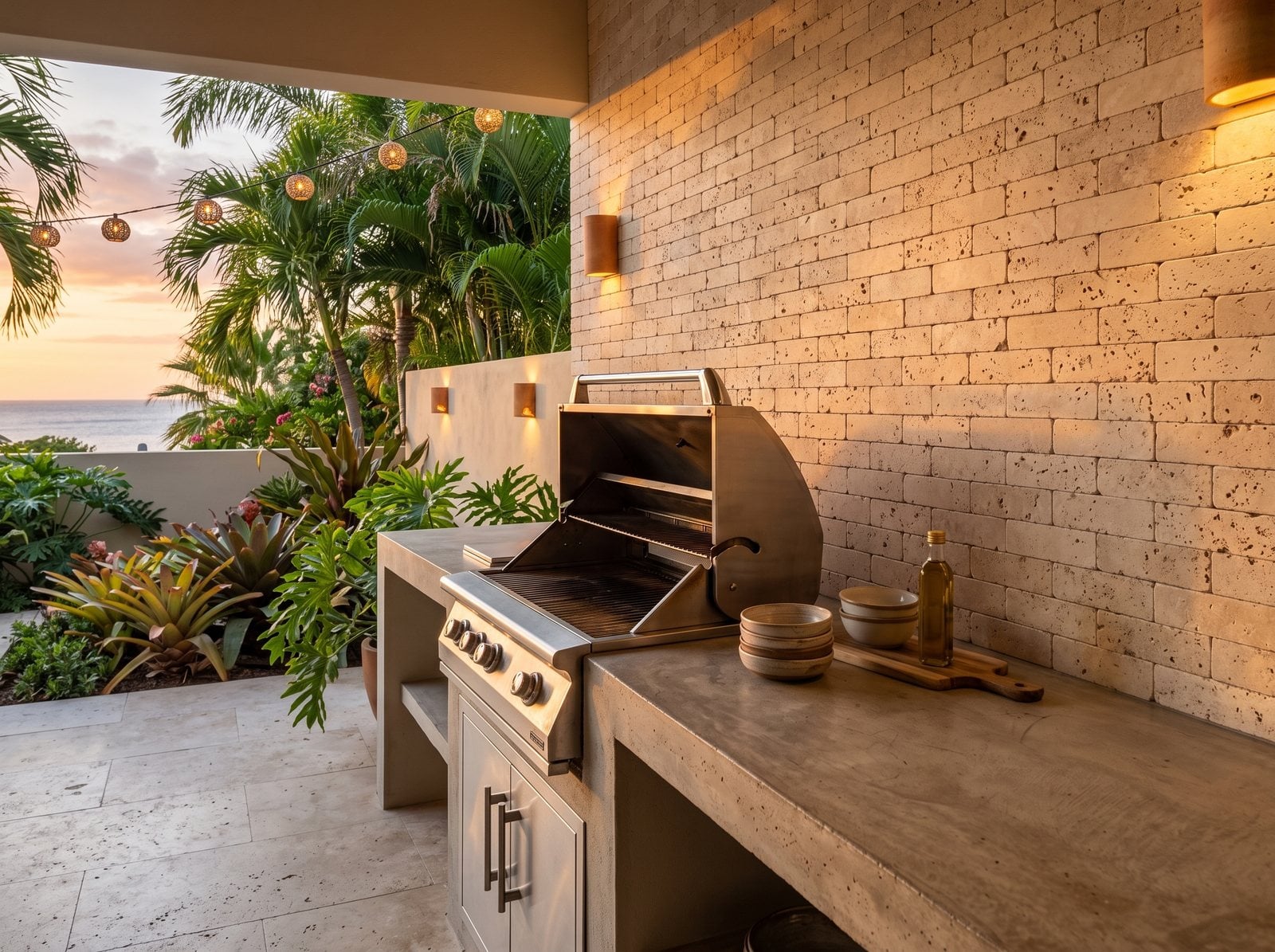 Buitenkeuken met een wand van getrommelde travertin brick tegels