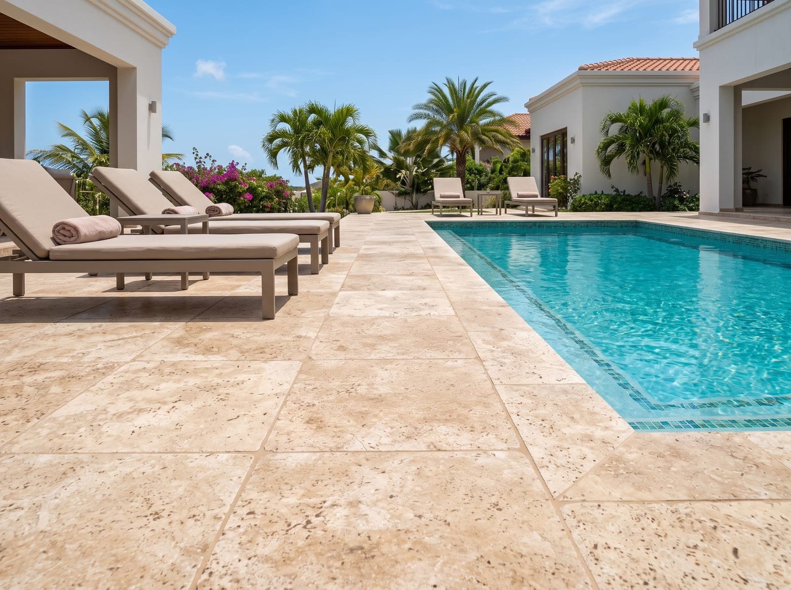 Zonnig zwembadterras met getrommelde beige cross-cut travertin, ligbedden en palmen