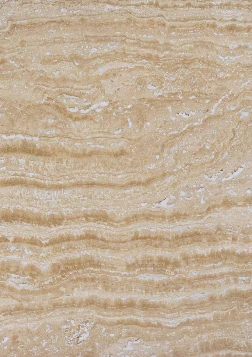 Classic vein-cut: beige travertin met fijne, rechte lichtbruine aders, gezoet, close-up