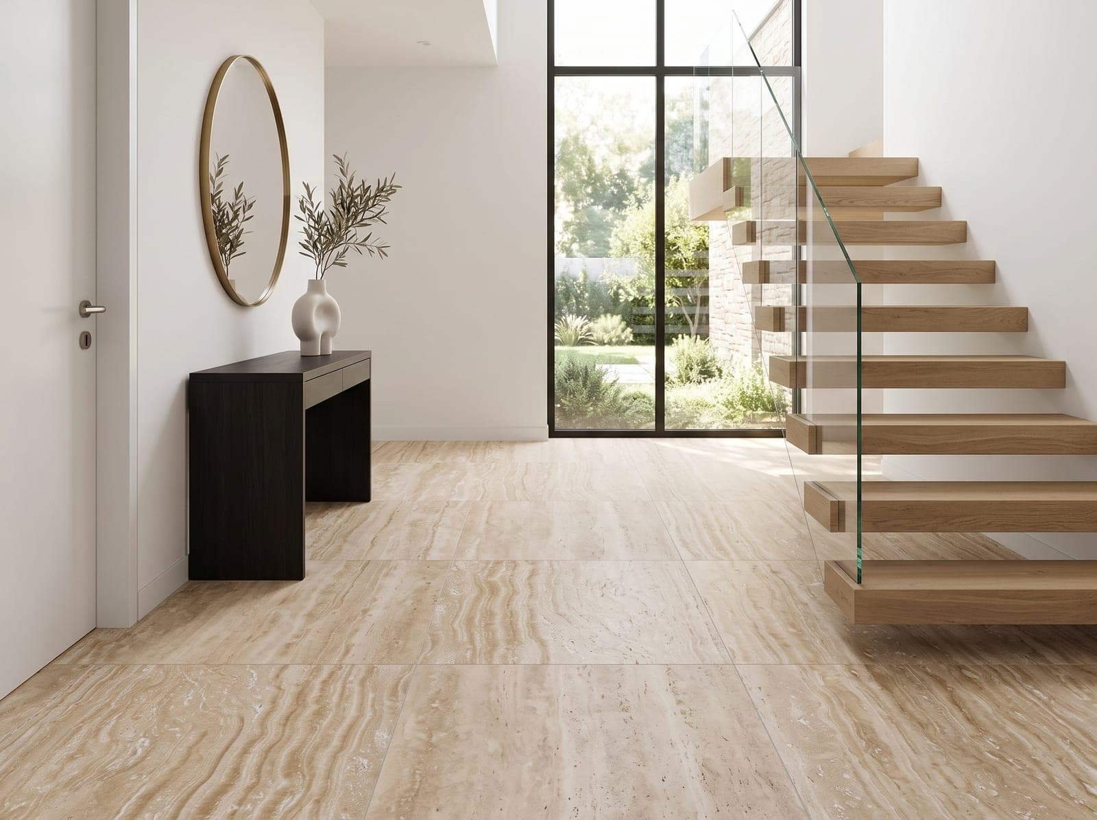 Entreehal met zwevende trap en beige vein-cut travertinvloer in groot formaat