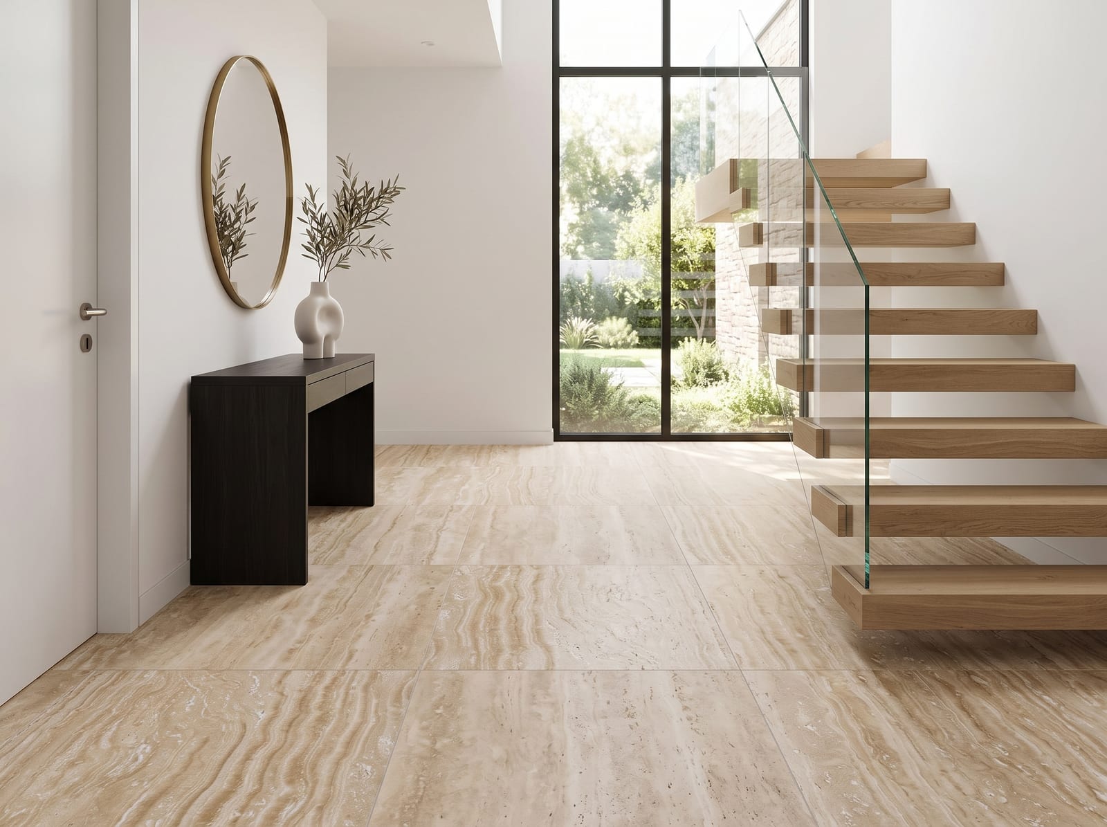 Entreehal met zwevende trap en beige vein-cut travertinvloer in groot formaat