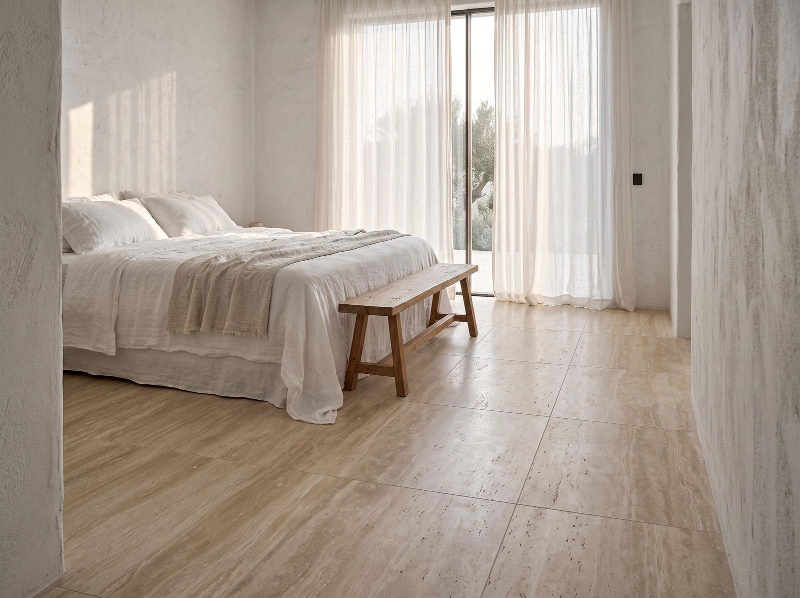 Serene bedroom with a light-beige vein-cut travertine floor, linen bedding and sheer curtains