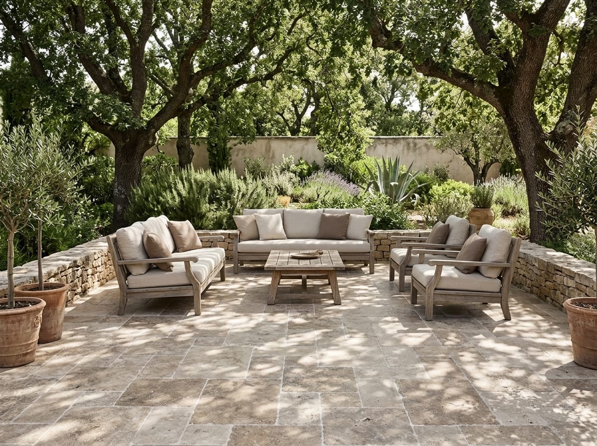Garden terrace with Autumn travertine in French pattern, wooden lounge set and trees