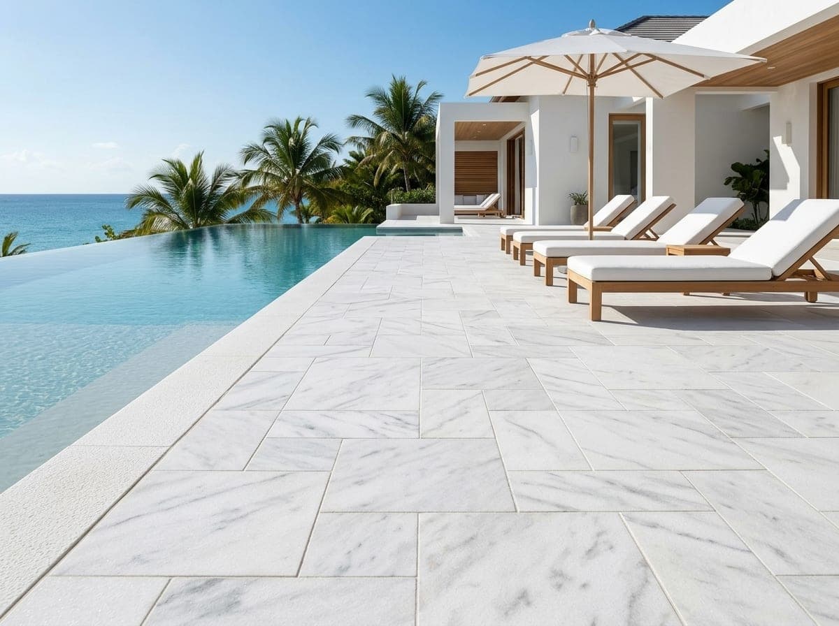 Wit terras met Bianco Fantasy marmer in Frans verband, zwembad en palmen
