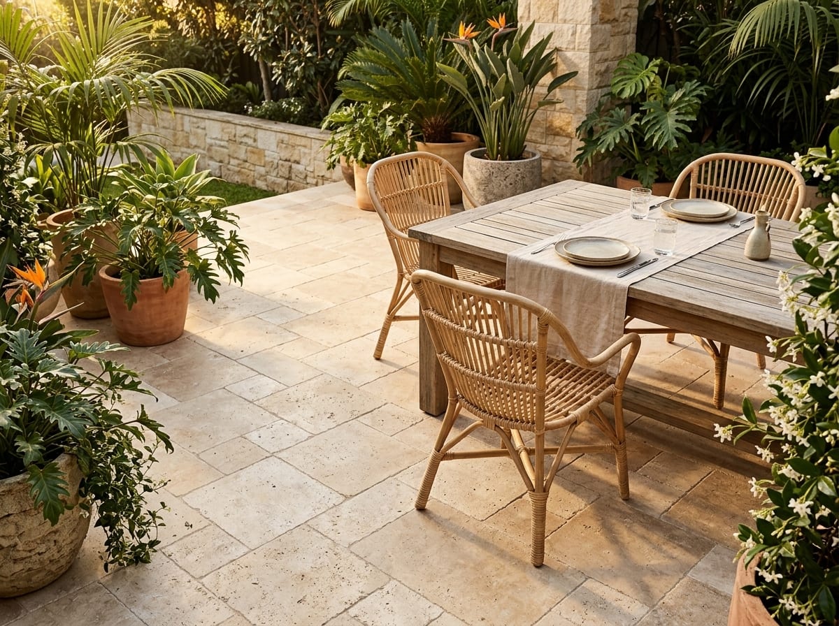Terrace with beige Classic Blend travertine in French pattern, dining table and rattan chairs