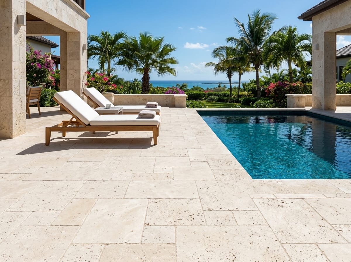 Pool deck with ivory travertine pavers in French pattern and sun loungers