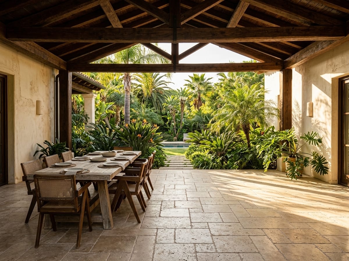 Covered terrace with light travertine pavers in French pattern