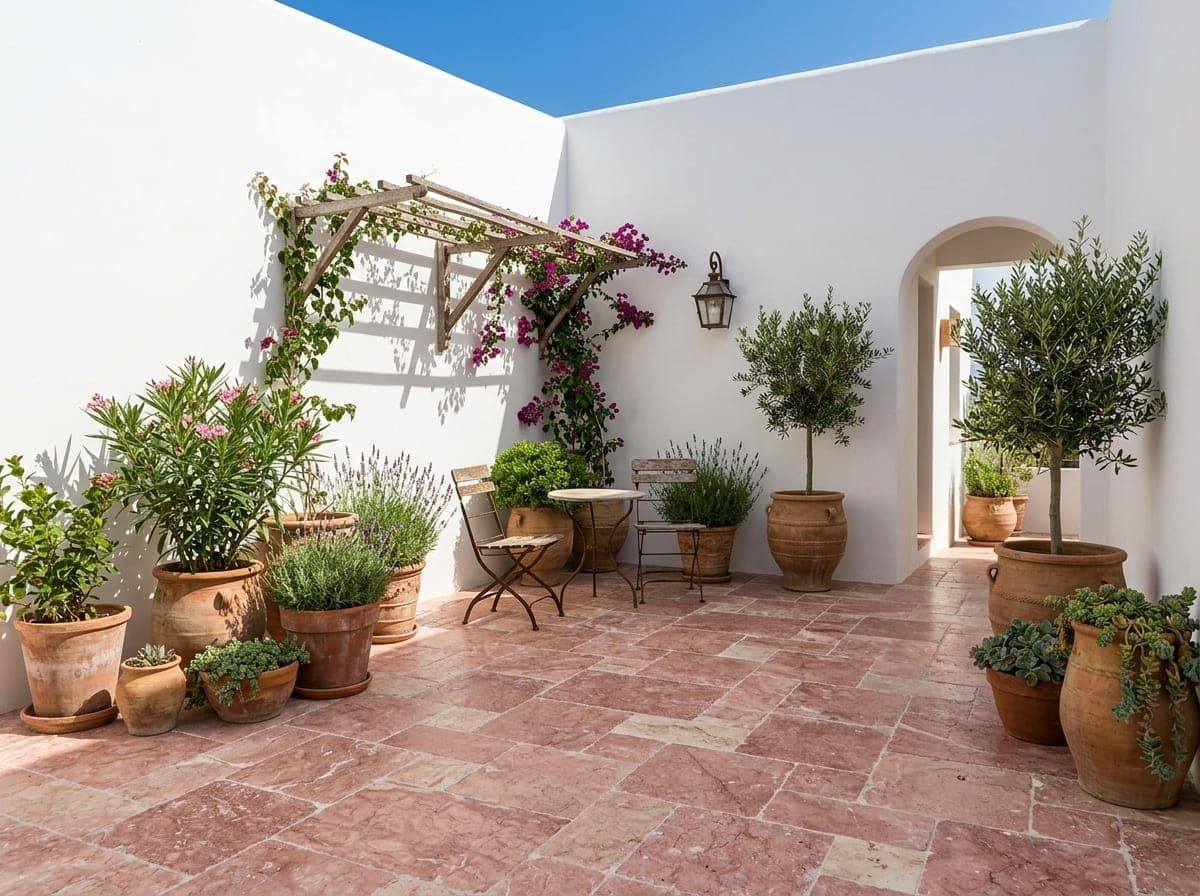 Patio met roodroze travertin pavers in Frans verband, witte muren en terracotta potten