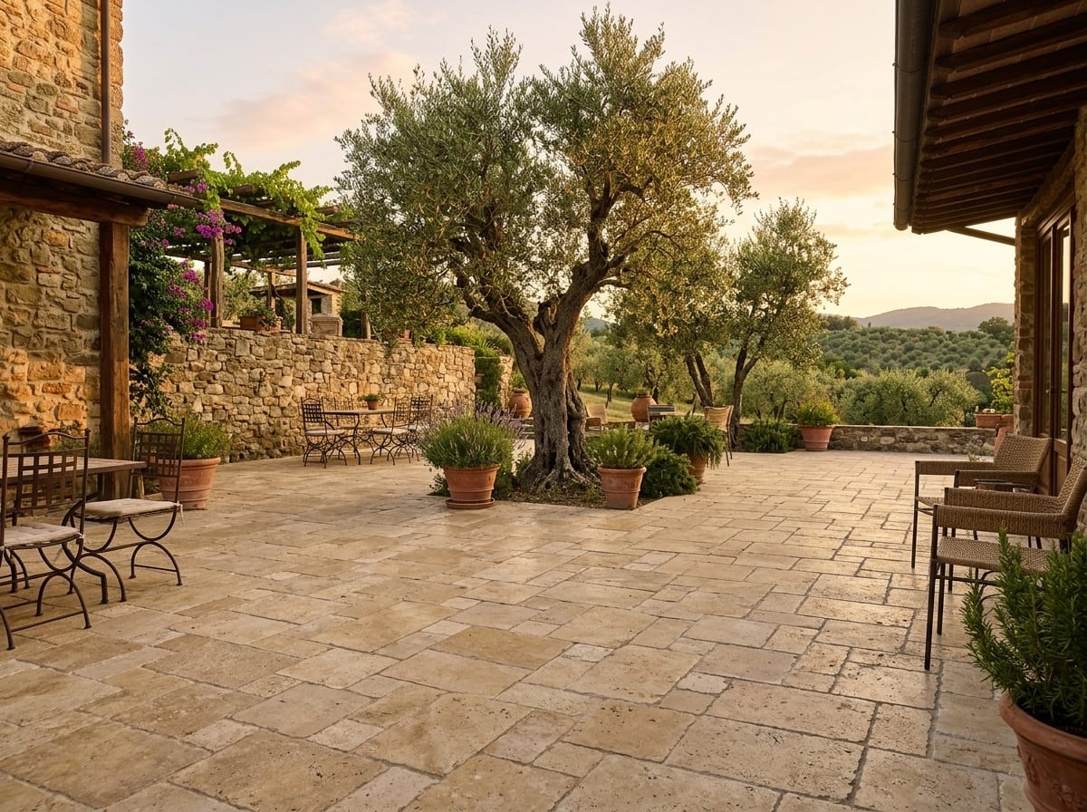 Country terrace with golden-beige Rustic travertine in French pattern and olive trees