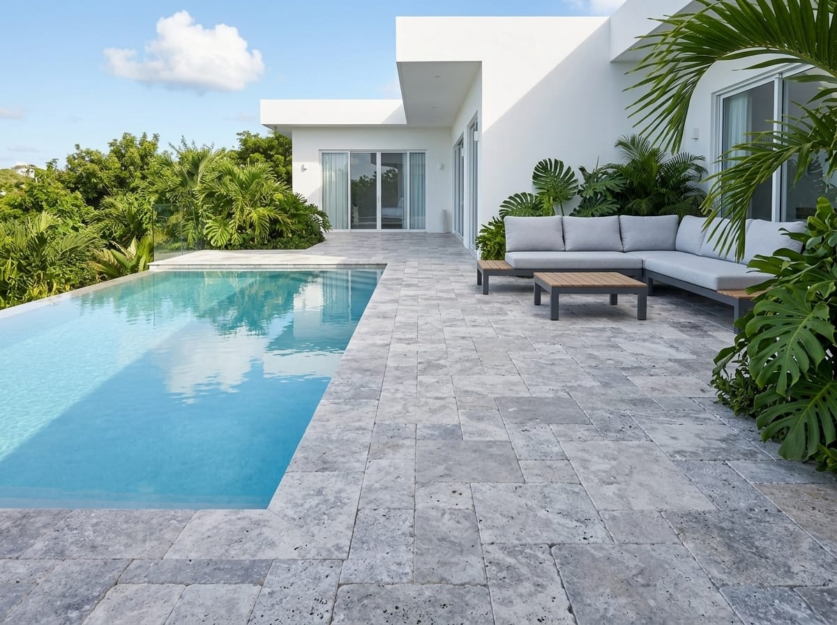 Modern terrace with silver-grey travertine pavers in French pattern, pool and lounge set