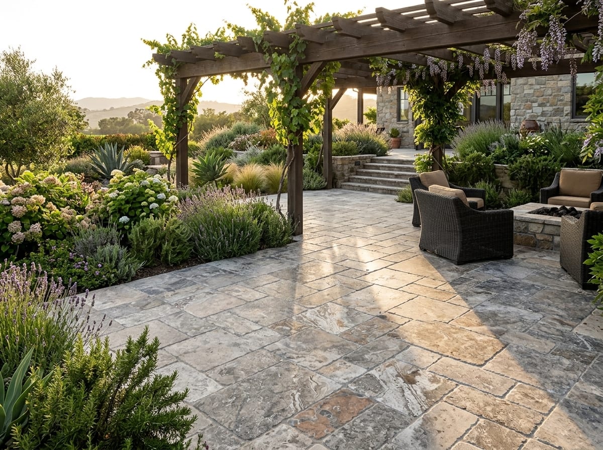 Terrace with grey-brown mottled Silver River travertine in French pattern and a garden