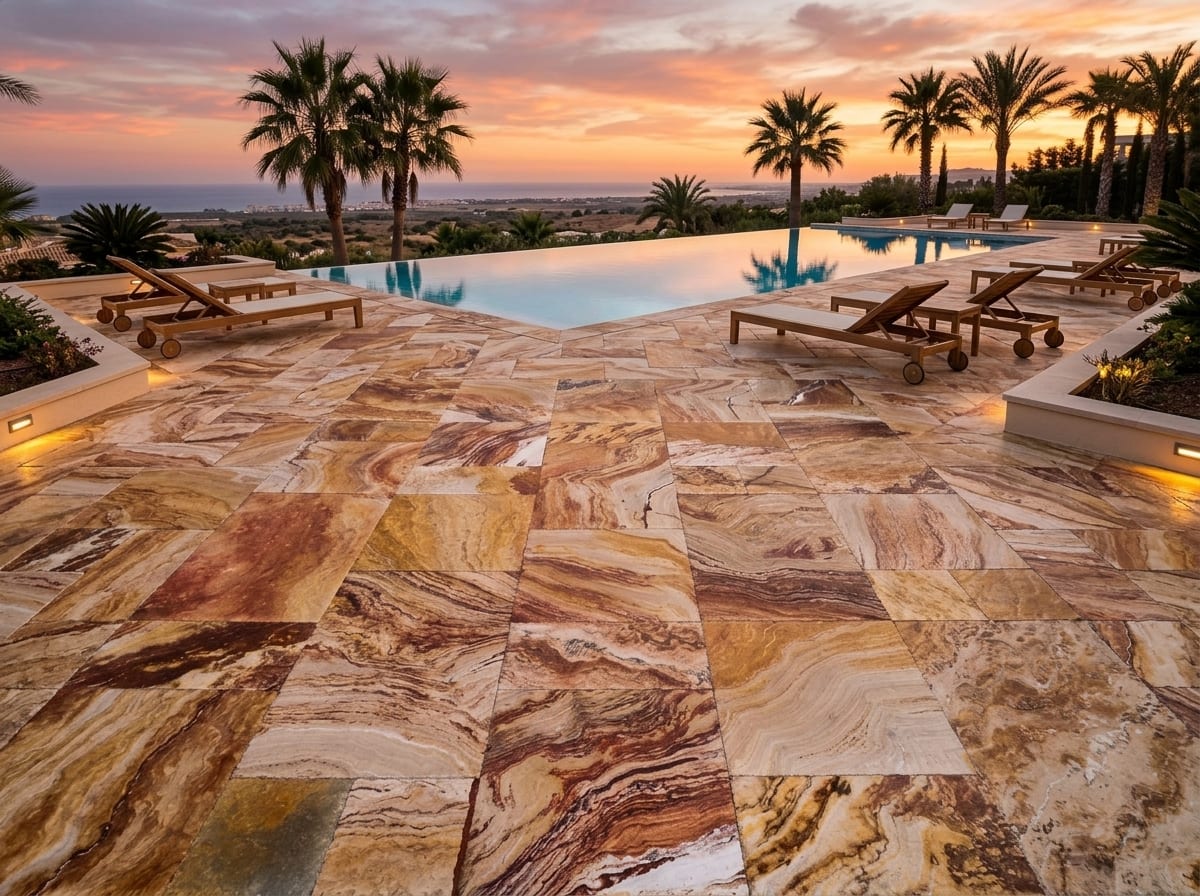 Terrace at sunset with Sunset travertine pavers in French pattern and a pool
