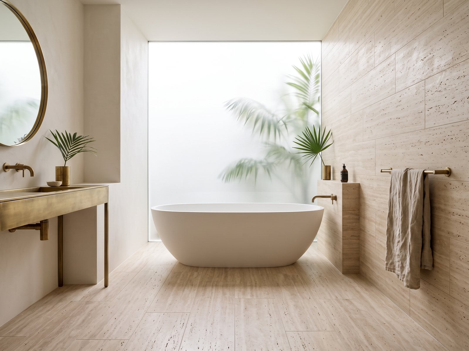 Light bathroom with honed Light travertine in free-length strips on floor and wall