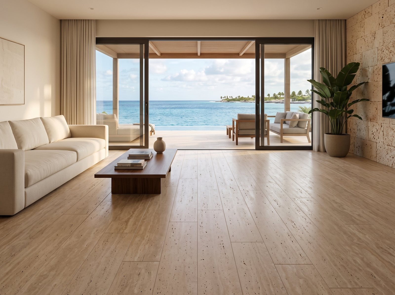 Living room with a light honed travertine floor and a sea view