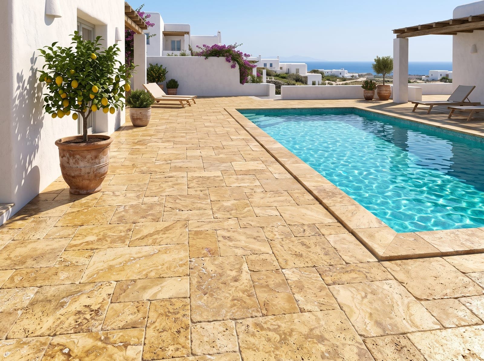 Zonnig mediterraan terras met zwembad, getrommelde Gold cross-cut travertin in Frans verband en citroenboom