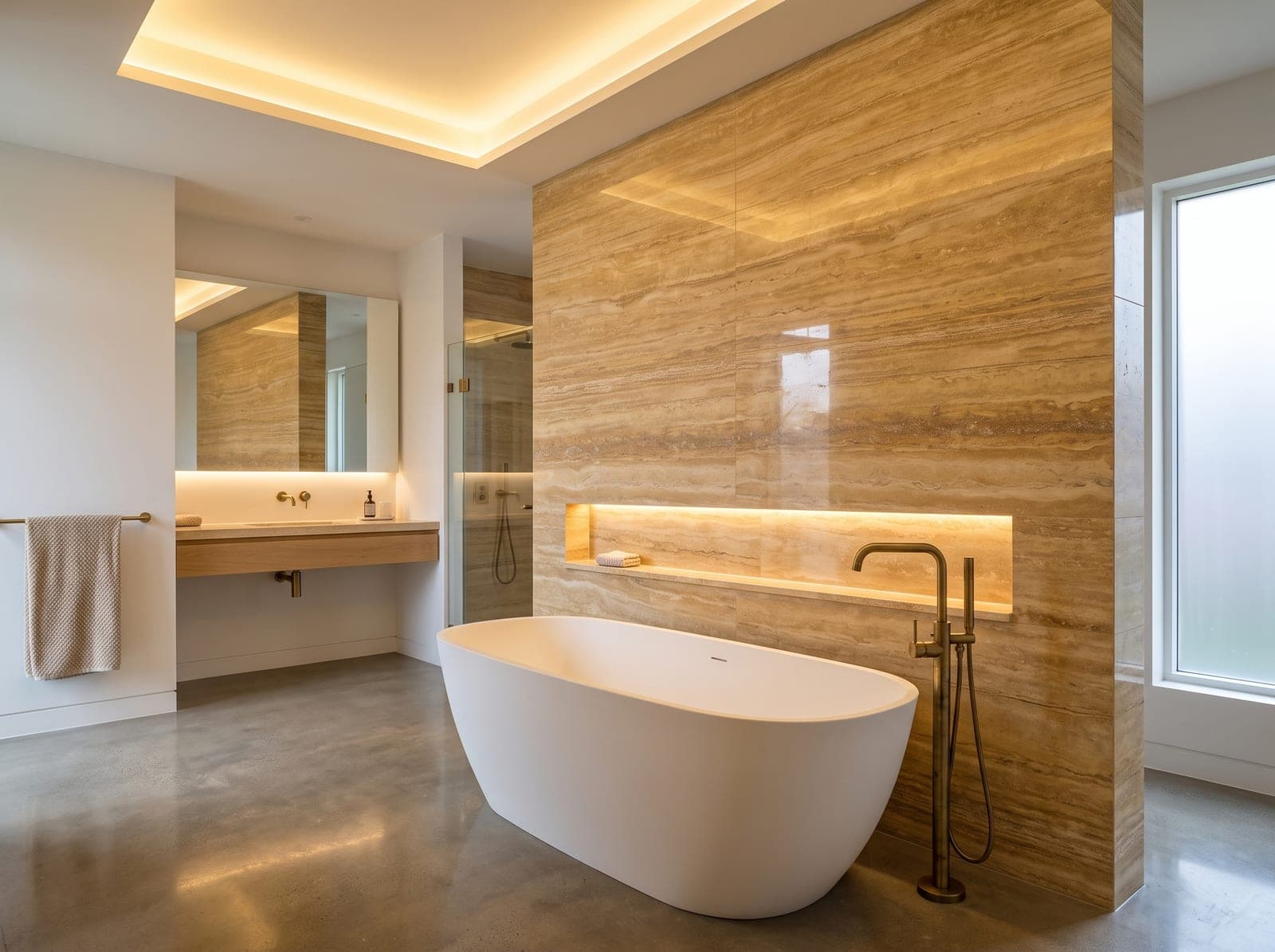Luxe badkamer met een wand van gepolijste Gold vein-cut travertin achter een vrijstaand bad