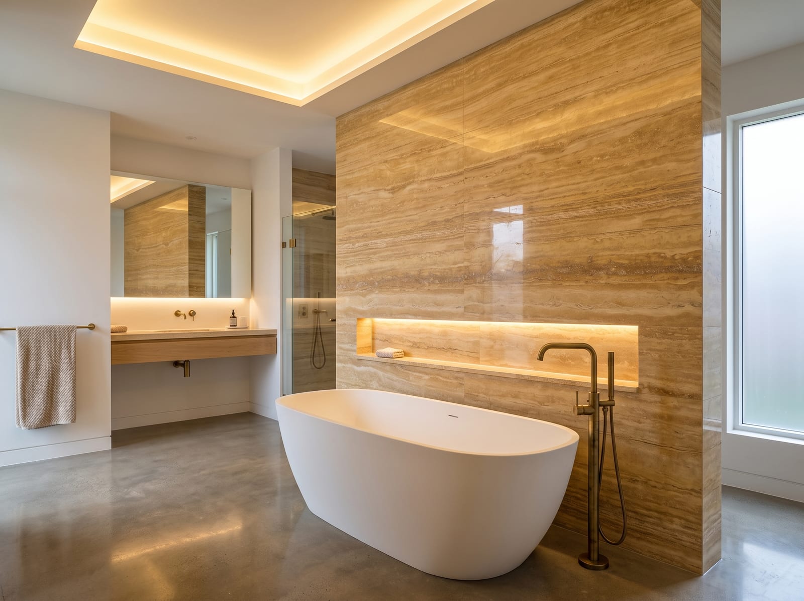 Luxurious bathroom with a wall of polished Gold vein-cut travertine behind a freestanding bath