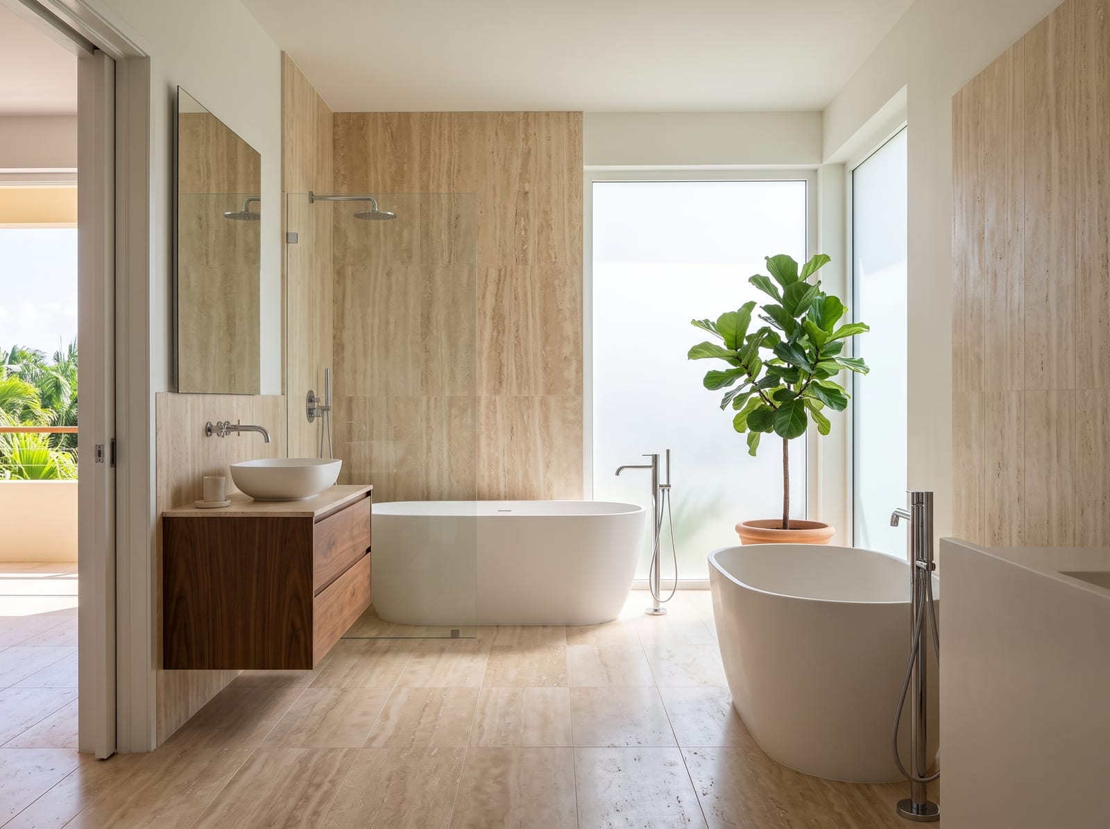 Light bathroom with ivory-white vein-cut travertine on floor and shower wall, freestanding bath and walnut vanity