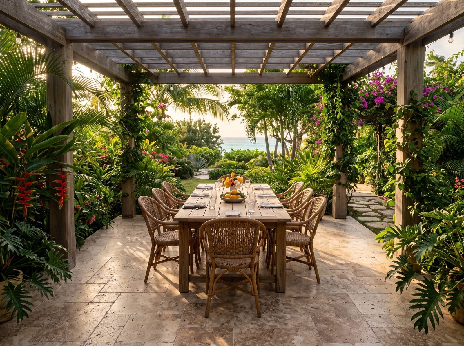 Eetterras onder een houten pergola met getrommelde Moca cross-cut travertin en tropische beplanting
