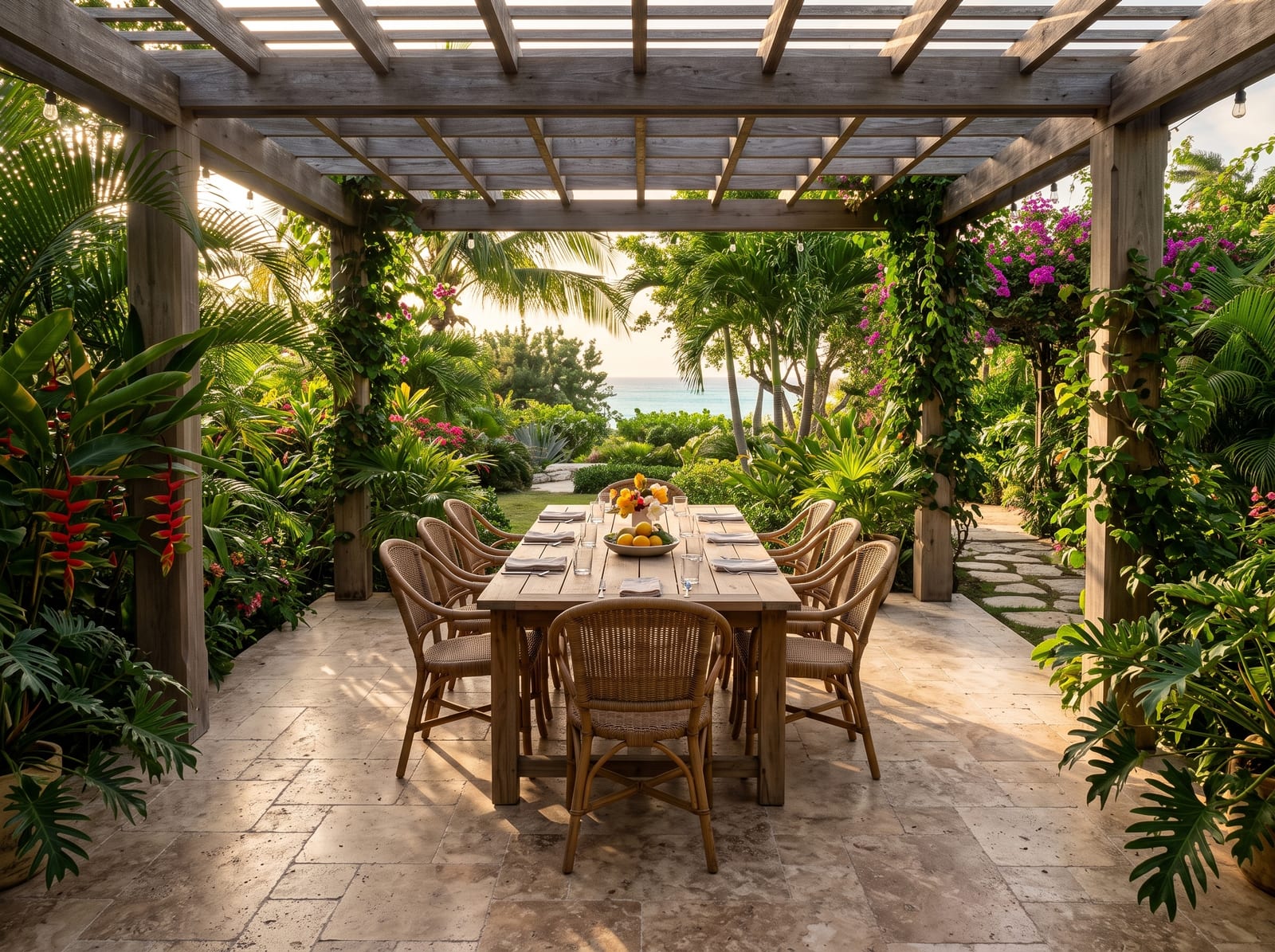 Dining terrace under a wooden pergola with tumbled Moca cross-cut travertine and tropical planting