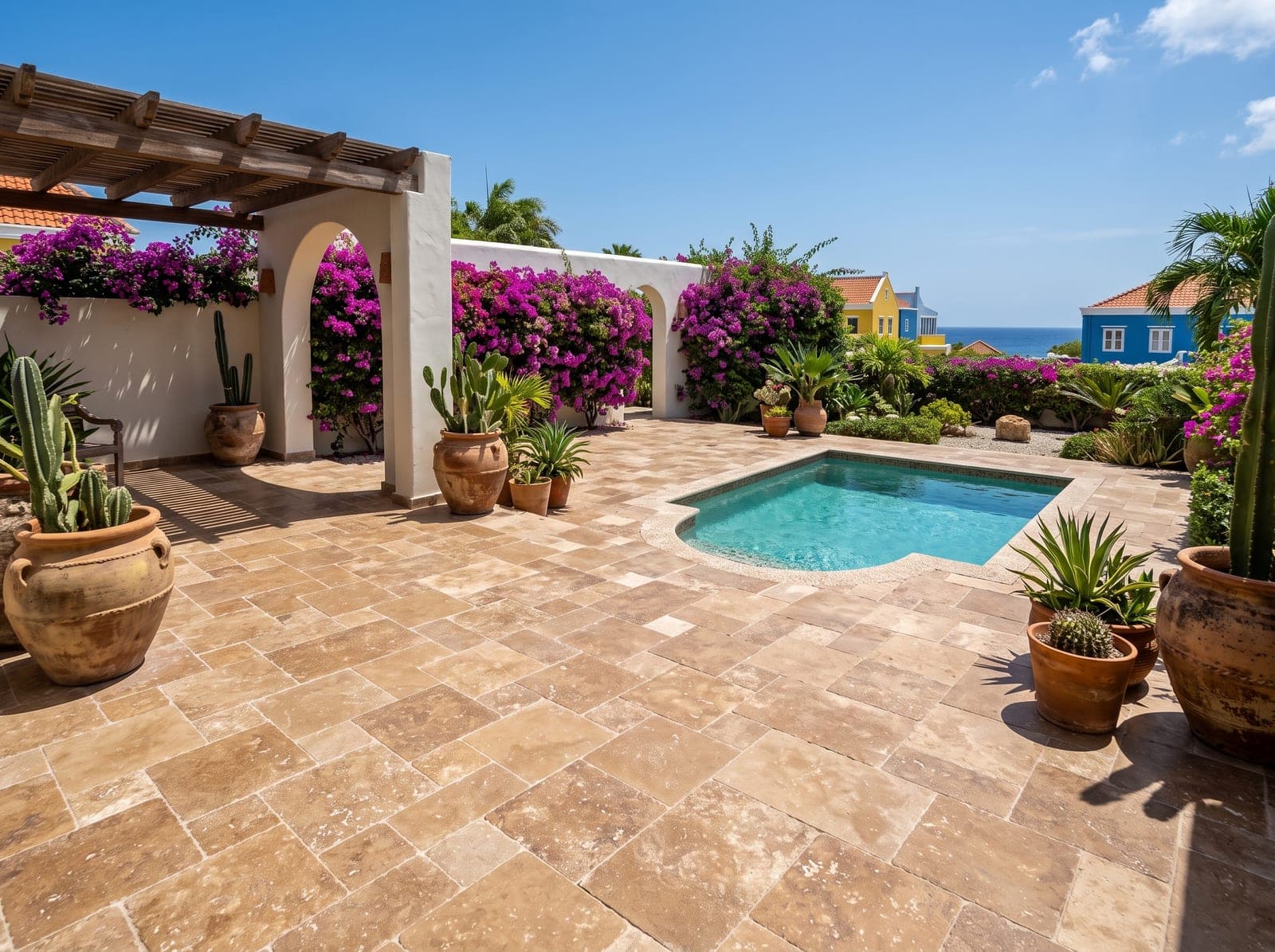 Mediterrane patio met klein zwembad, getrommelde Noce cross-cut travertin in Frans verband en bougainvillea