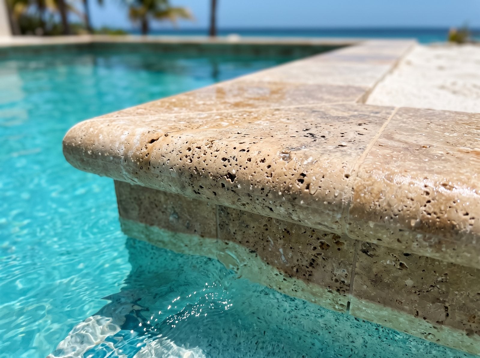Pool with Classic Mix travertine coping stones with rounded front edge