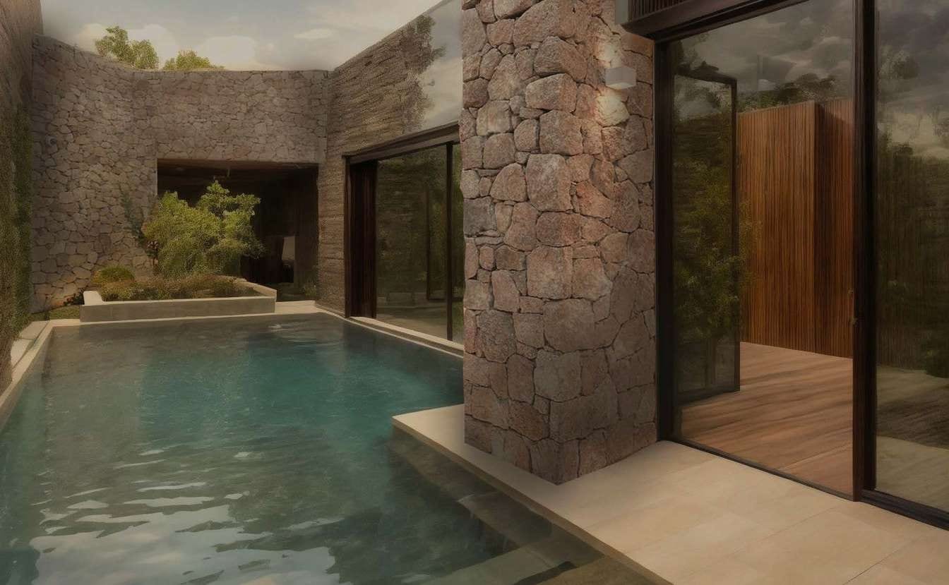 Modern villa with a facade of mottled andesite wall stone