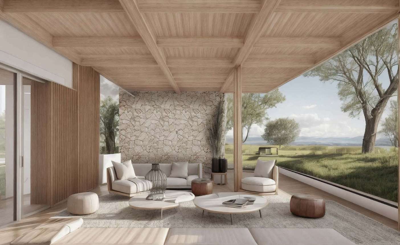 Covered veranda with a wall of beige polygonal travertine and a sea view
