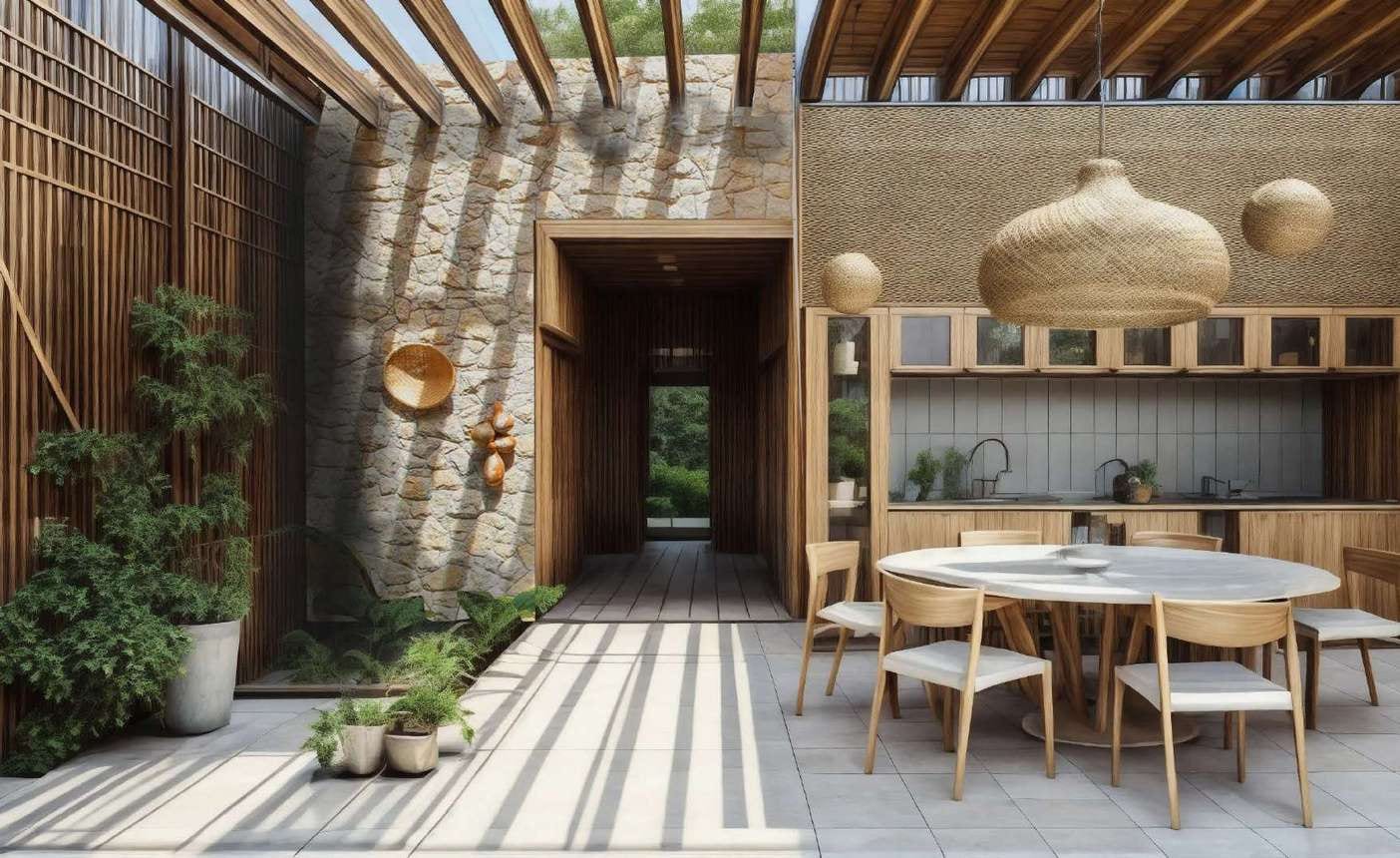 Covered terrace with a wall of cream-beige polygonal wall stone and a dining table