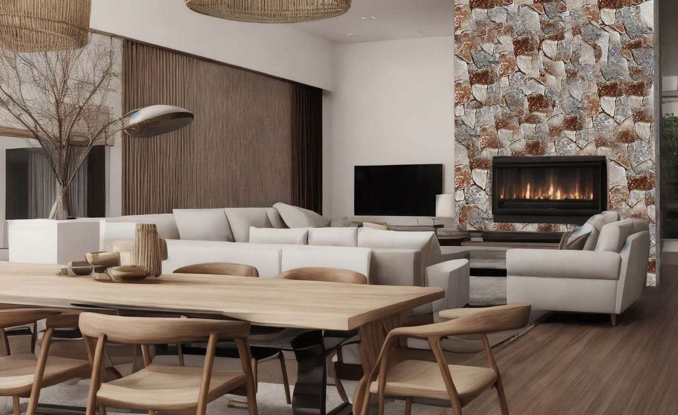 Woonkamer met een accentwand van gemêleerde polygonale marmerstukken