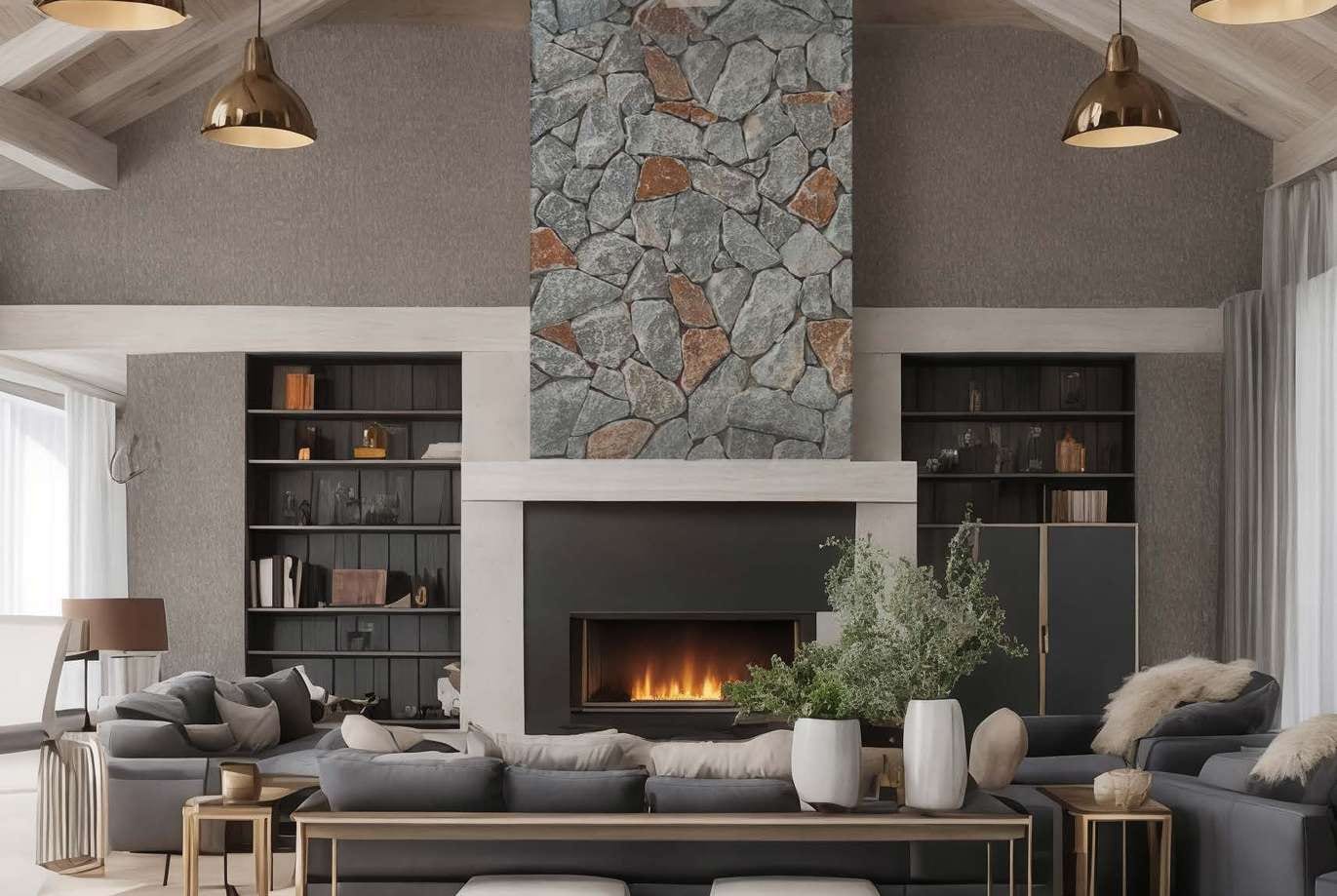 Living room with a grey mottled polygonal stone wall around a fireplace