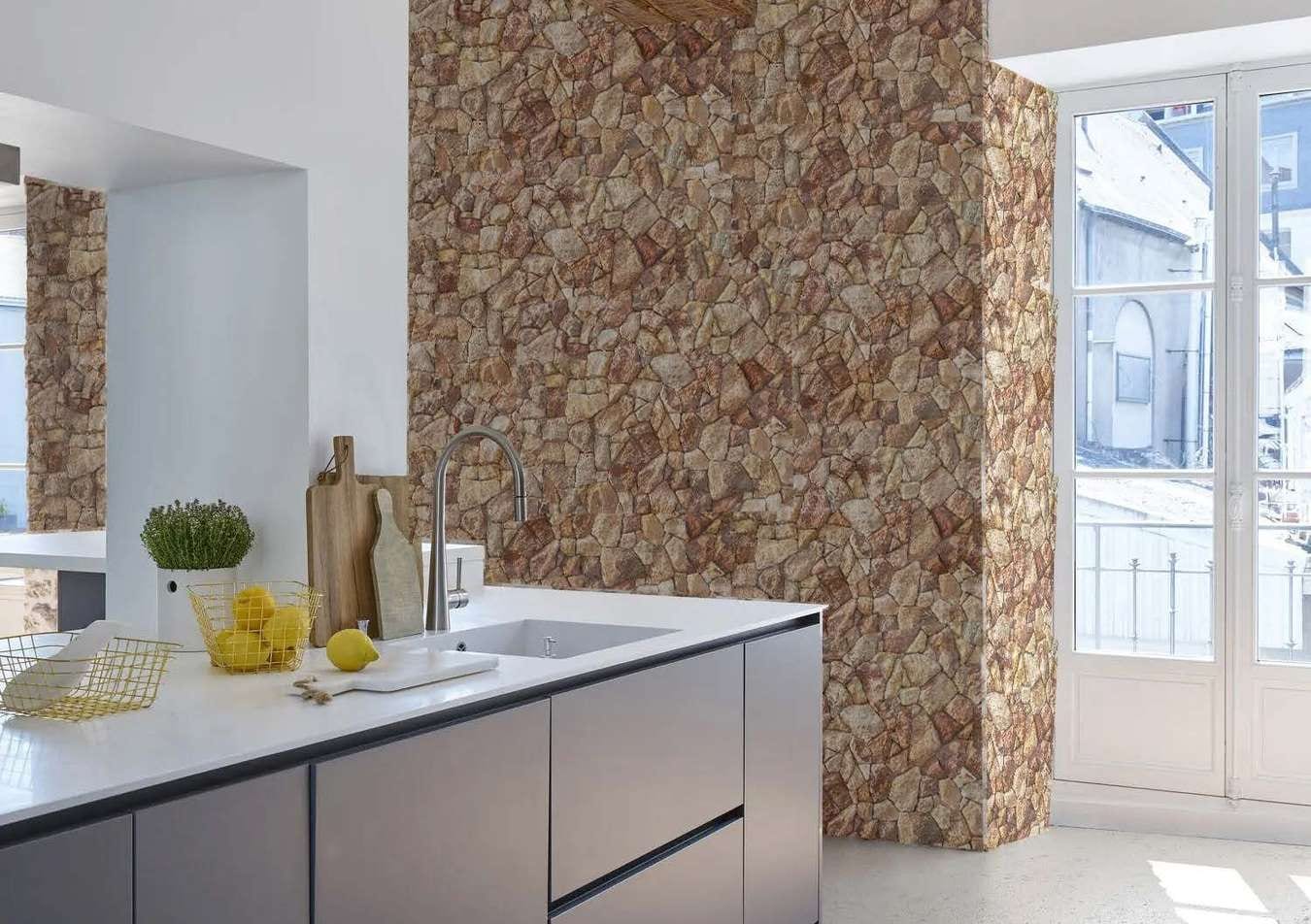Kitchen with a wall of colourful Scabos polygonal travertine
