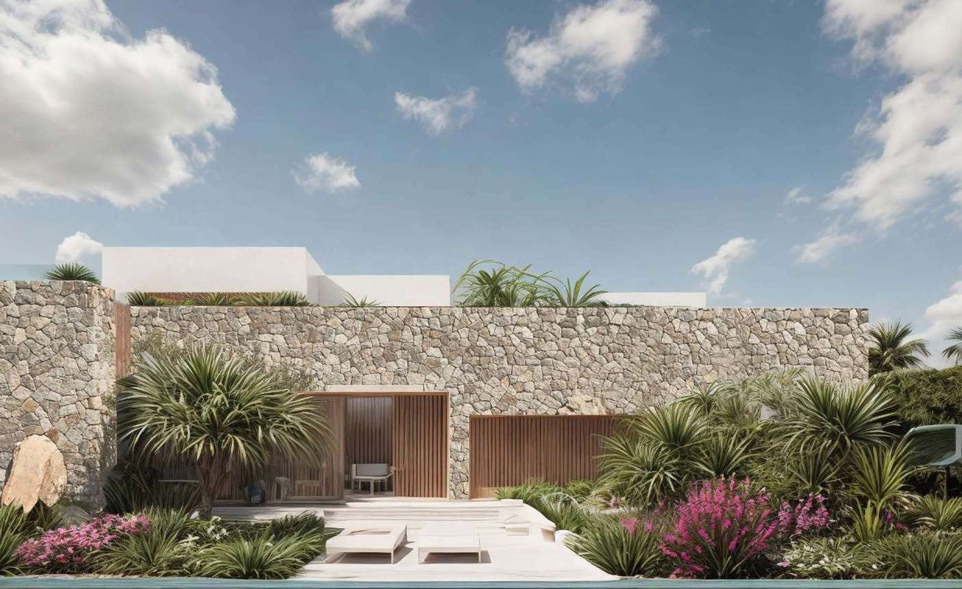 Villa met een gevel van zilvergrijze polygonale wandsteen en tuin