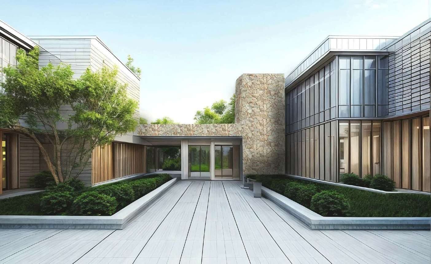 Tuin met een lage muur van witte polygonale marmerstukken en zwembad