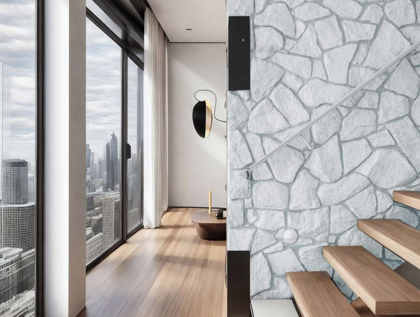Stairwell with a wall of ice-white polygonal marble pieces and a wooden staircase