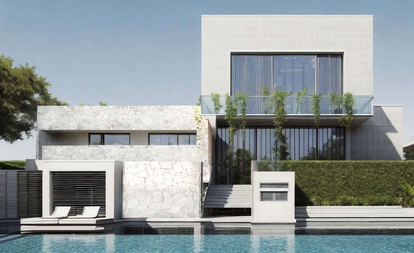 Garden wall of white polygonal marble pieces with a terrace and pool