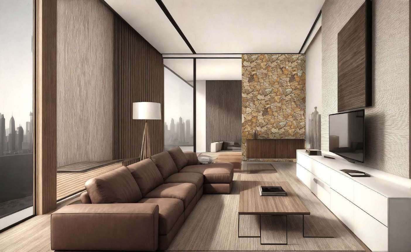 Living room with a feature wall of golden-yellow polygonal wall stone and a fireplace