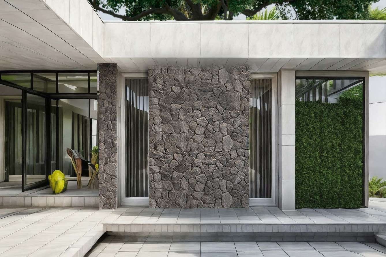 Villa with a facade of black polygonal marble pieces and a pool