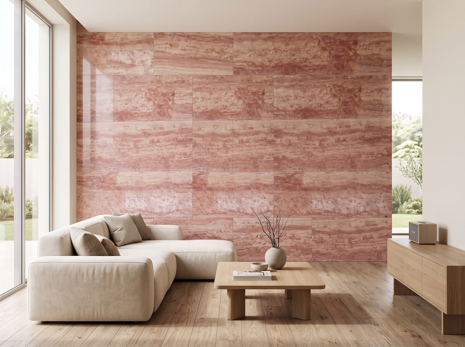 Living room with a feature wall of polished Rosso vein-cut travertine, cream sofa and light wooden floor