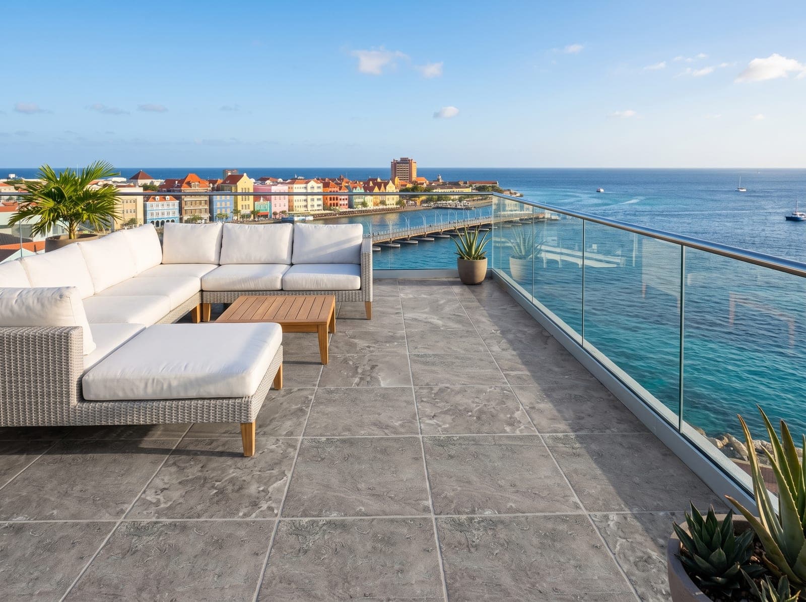 Dakterras met getrommelde Silver cross-cut travertin, loungebank, glazen balustrade en zicht op de baai van Willemstad