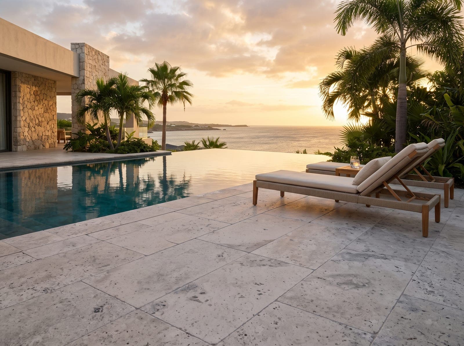 Zwembadterras bij zonsondergang met getrommelde Silver Light cross-cut travertin, infinity pool en zee