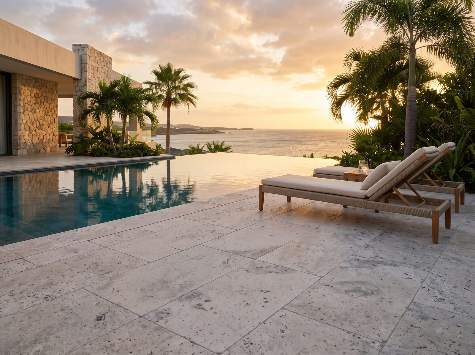 Zwembadterras bij zonsondergang met getrommelde Silver Light cross-cut travertin, infinity pool en zee