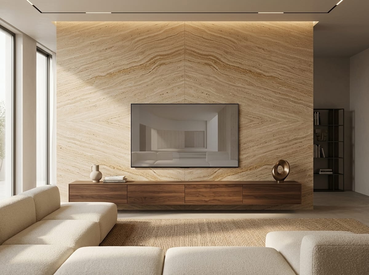 Living room with a TV wall of beige vein-cut travertine slabs