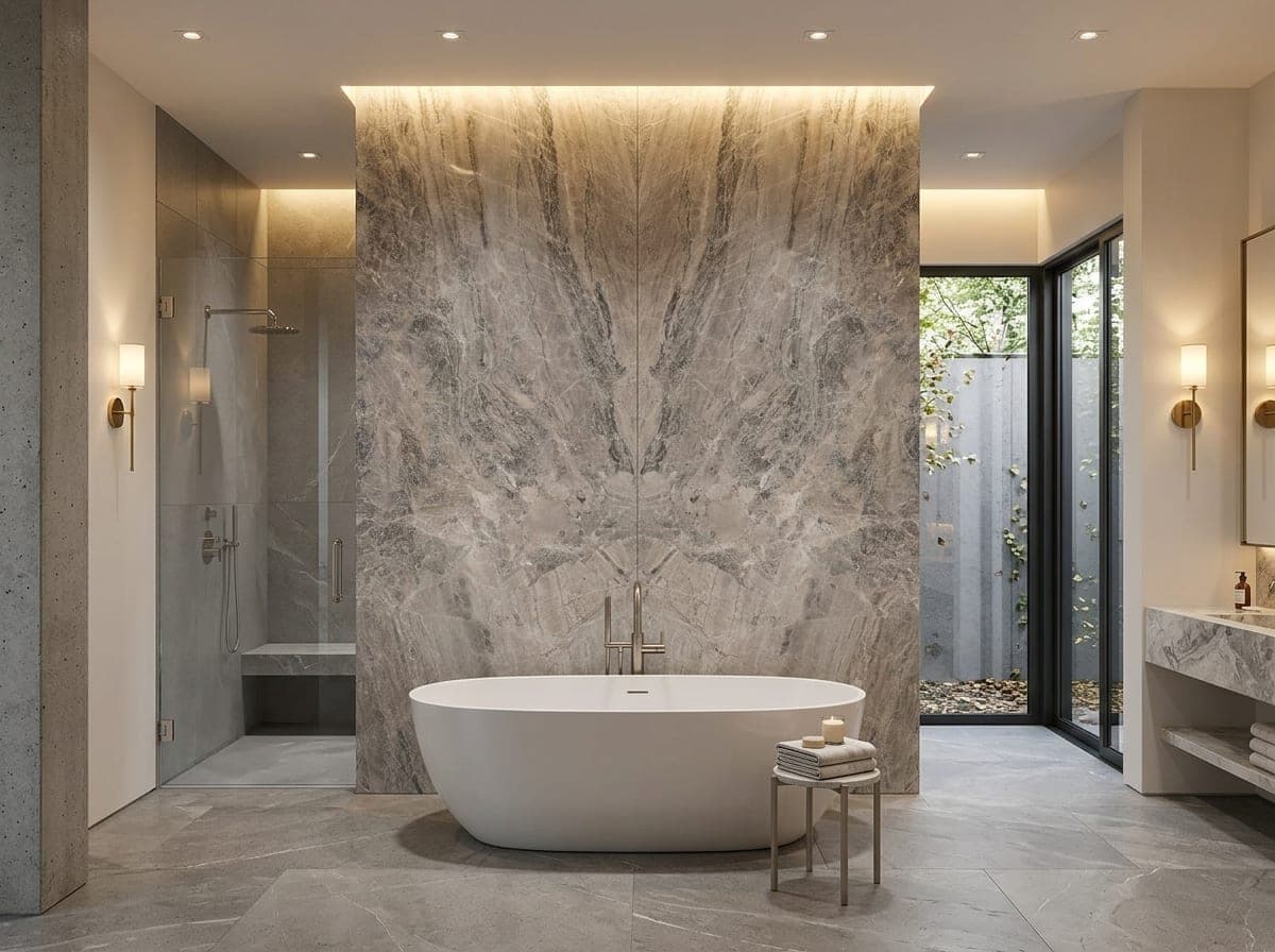 Badkamer met een bookmatch-wand van grijs dolomiet met witte aders