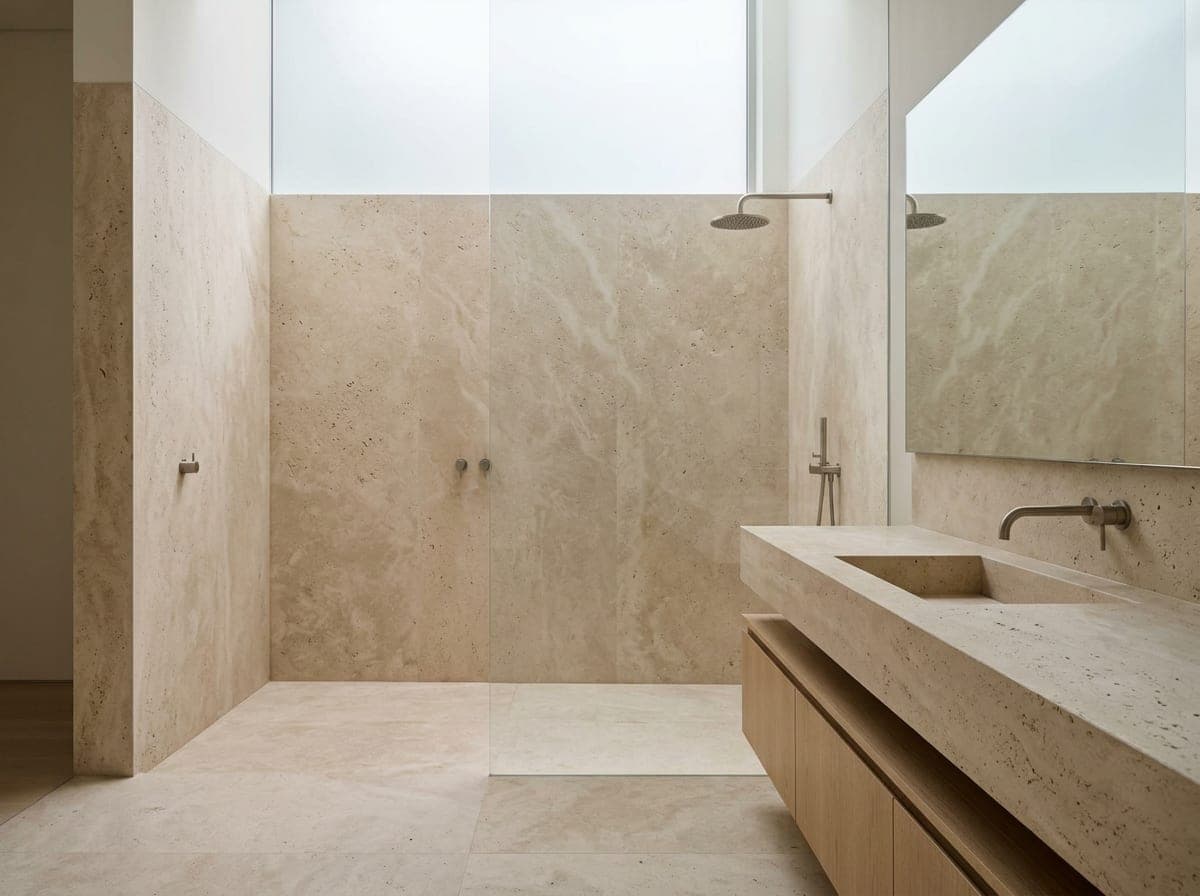 Badkamer met een douchewand en wastafelblad van lichte cross-cut travertin