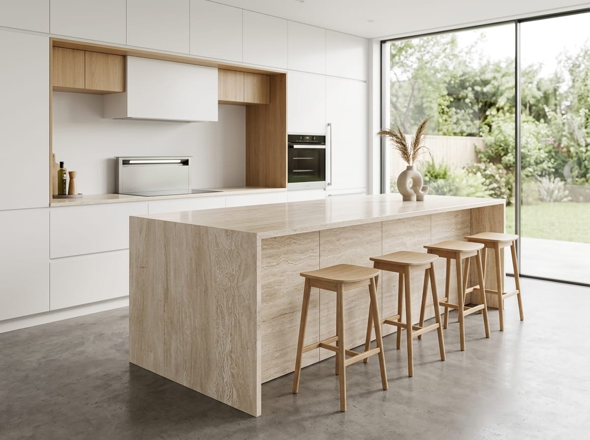 Keuken met een kookeiland bekleed met lichte vein-cut travertin slabs