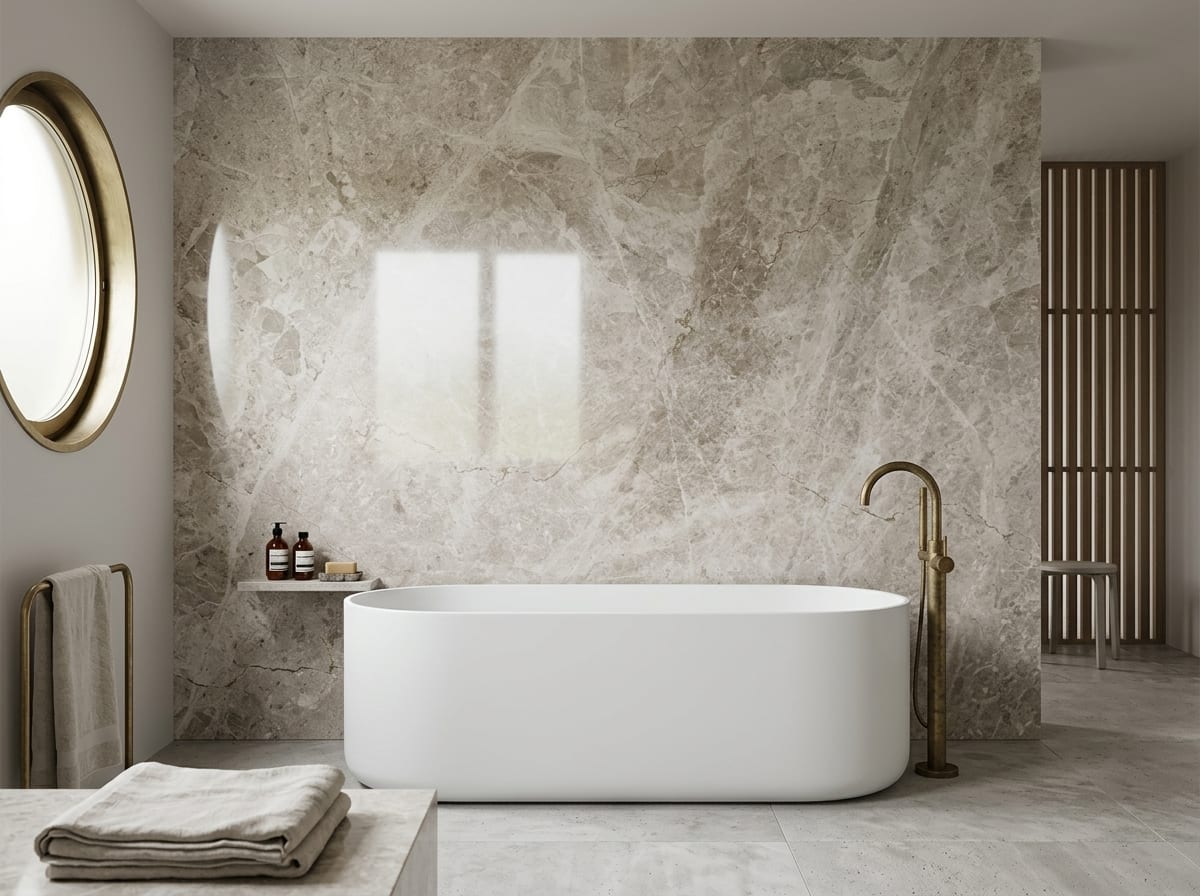 Bathroom with a wall of Breccia Aurora marble and a freestanding bath
