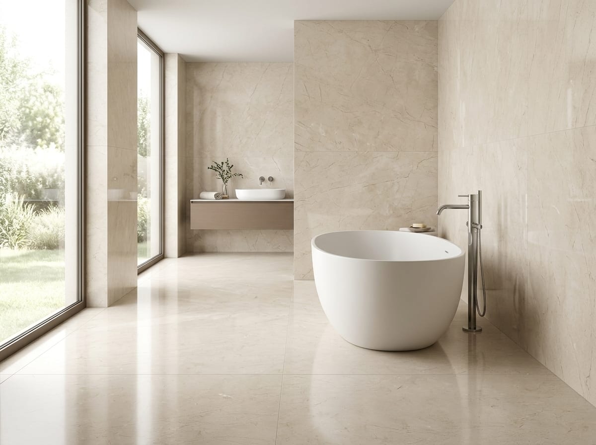 Light bathroom with floor and walls of cream-beige marble